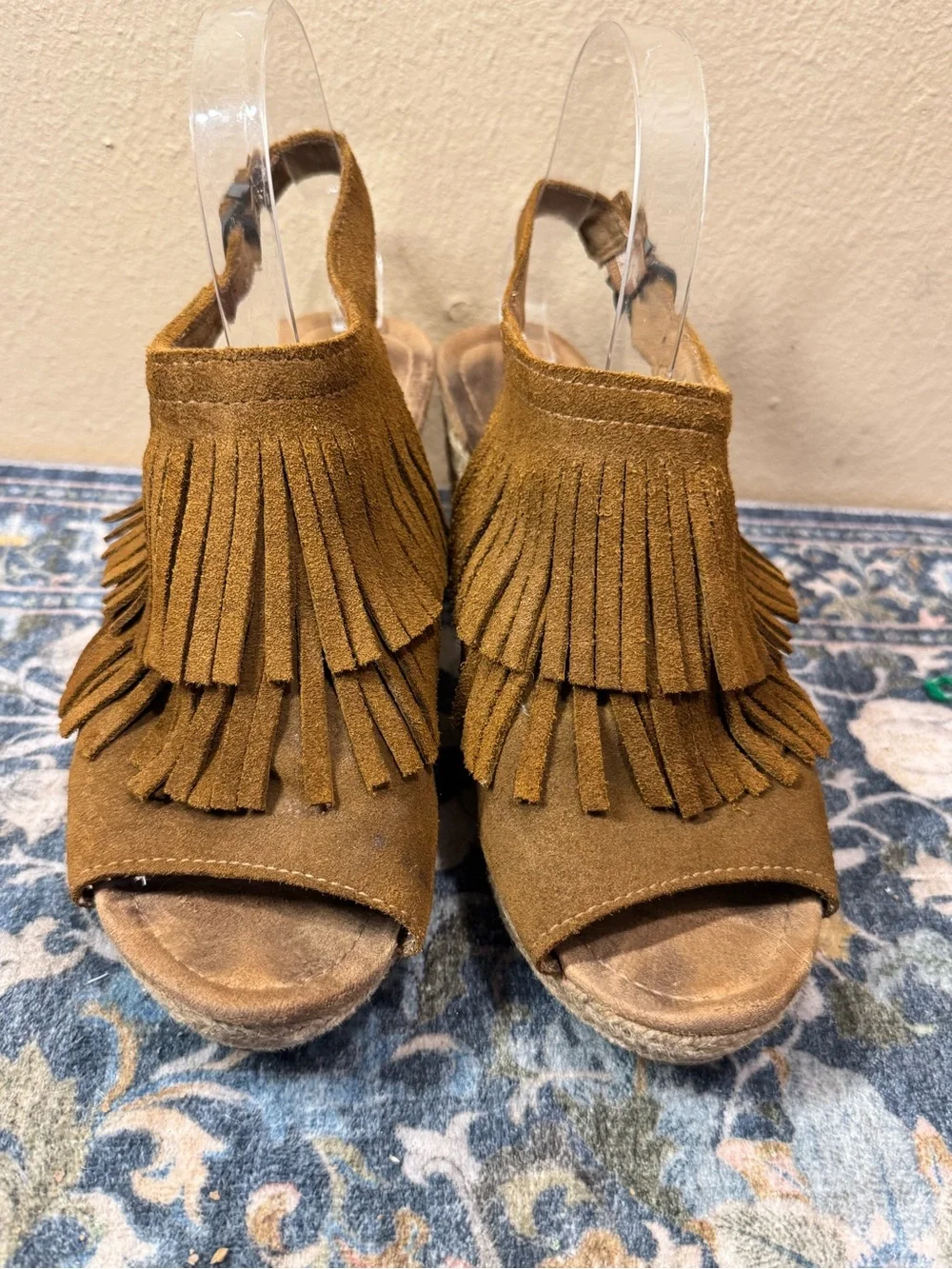 Minnetonka Suede Fringe Espadrille Wedges in Tan Brown